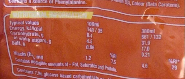 Lucozade Energy Orange 4 x 380 ml, nutrition of pack