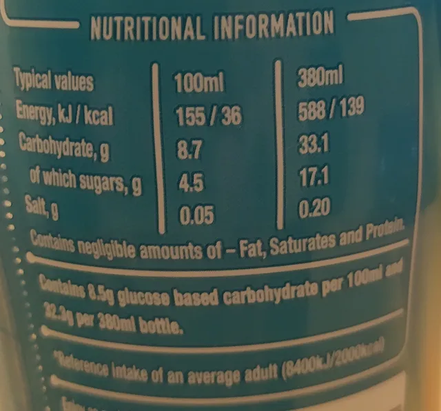 Lucozade Energy Caribbean Crush 380 ml, nutrition of pack