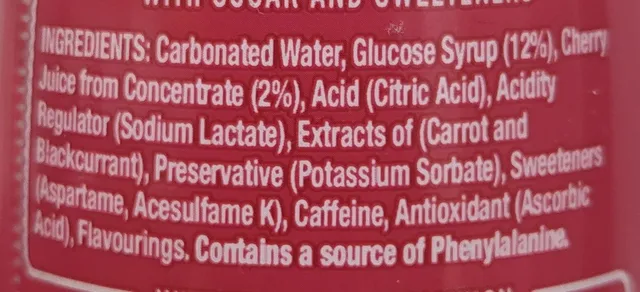 Lucozade Energy Wild Cherry 380 ml, ingredients of pack