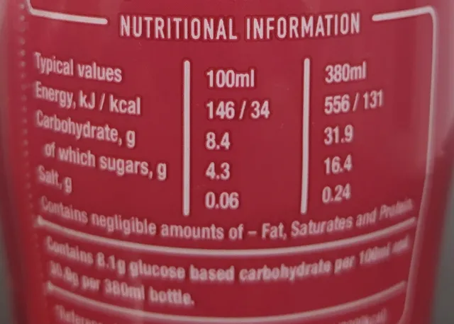 Lucozade Energy Wild Cherry 380 ml, nutrition of pack