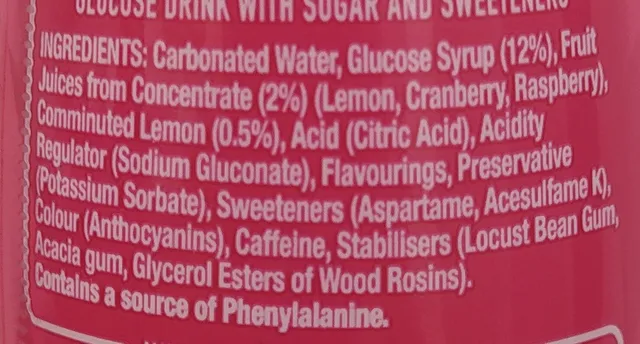Lucozade Energy Pink Lemonade 380 ml, ingredients of pack