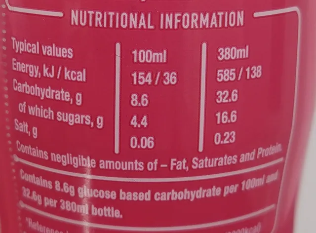Lucozade Energy Pink Lemonade 380 ml, nutrition of pack