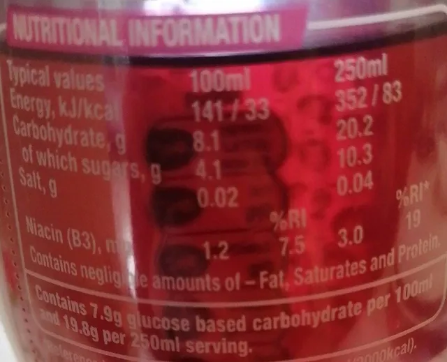 Lucozade Energy Raspberry Ripple 500 ml, nutrition of pack