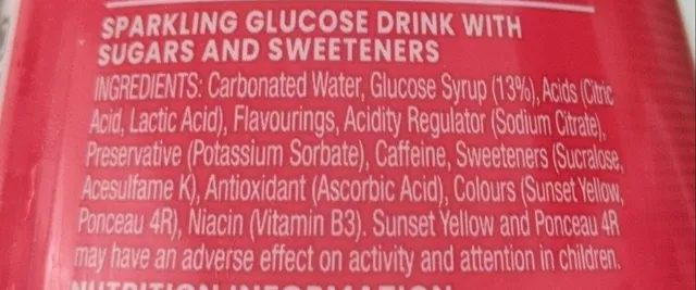 Lucozade Energy Original 900 ml, ingredients of pack