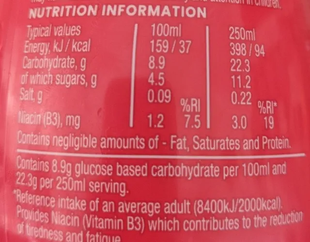 Lucozade Energy Original 900 ml, nutrition of pack