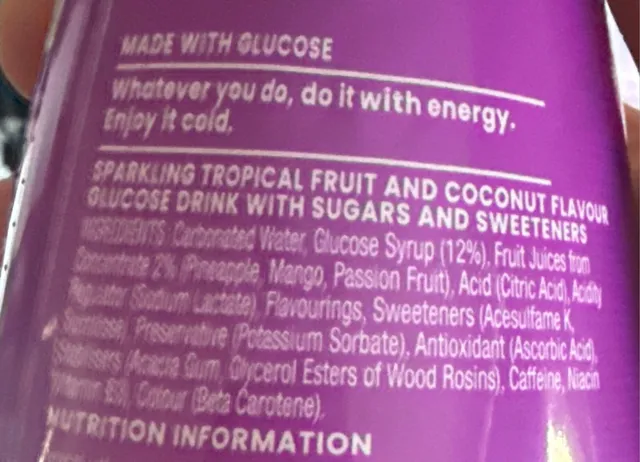 Lucozade Energy Caribbean Crush 900 ml, ingredients of pack