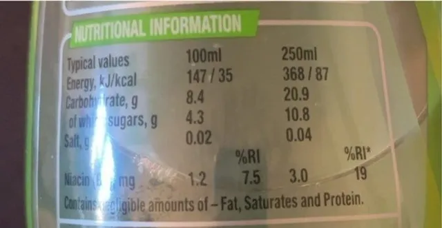 Lucozade Energy Apple Blast 900 ml, nutrition of pack