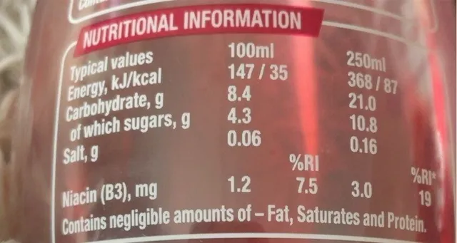 Lucozade Energy Wild Cherry 900 ml, nutrition of pack