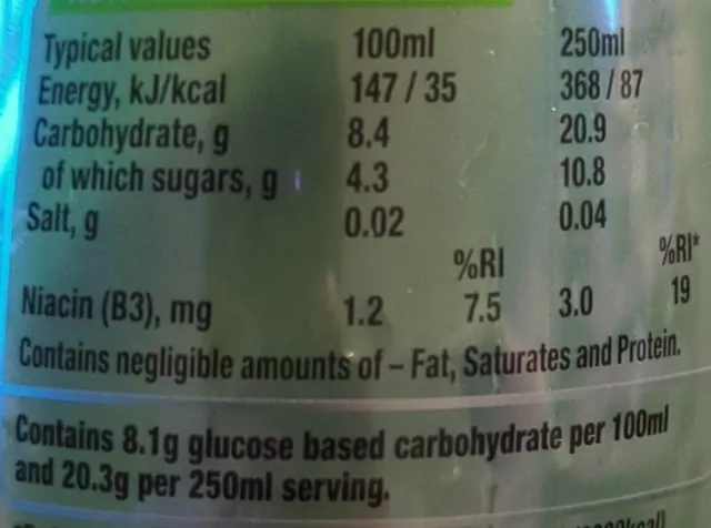 Lucozade Energy Apple Blast 900 ml, nutrition of pack
