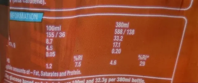 Lucozade Energy Caribbean Crush 4 x 380 ml, nutrition of pack