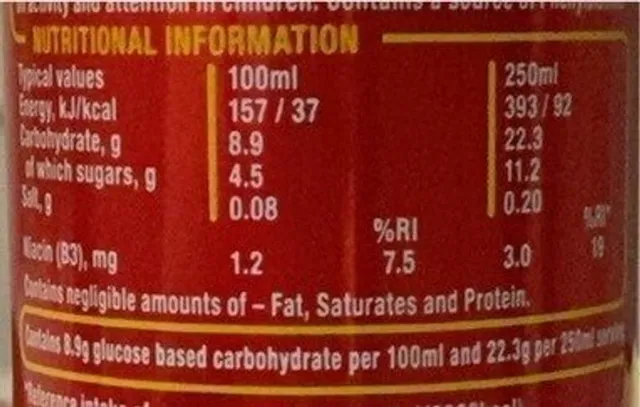 Lucozade Energy Original 250 ml, nutrition of pack