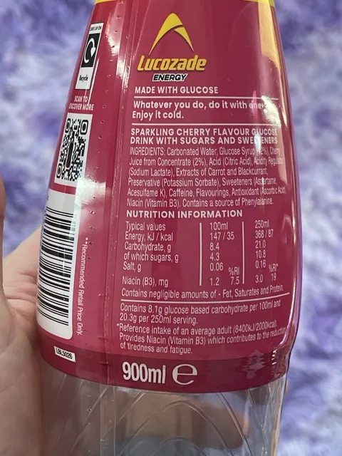 Lucozade Energy Cherry 900 ml, nutrition of pack