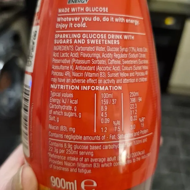Lucozade Energy Original 900 ml, ingredients of pack