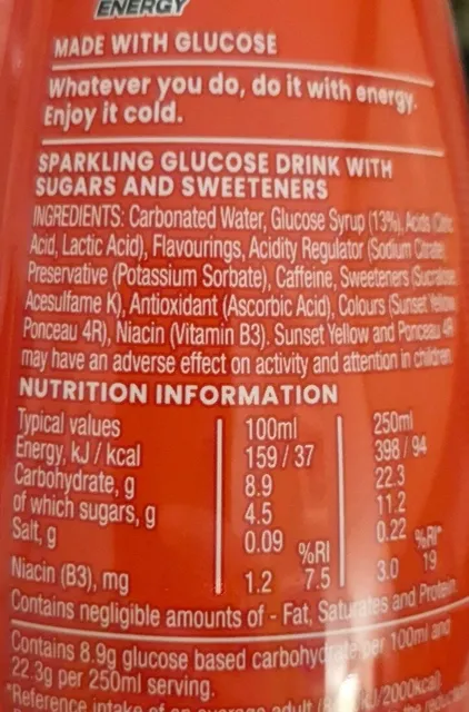Lucozade Energy Original 900 ml, nutrition of pack