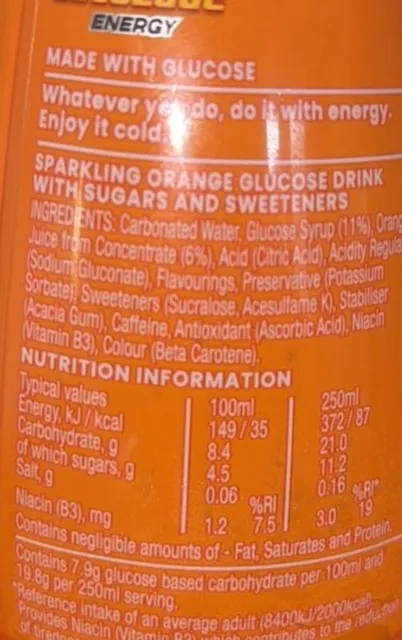 Lucozade Energy Orange 900 ml, nutrition of pack