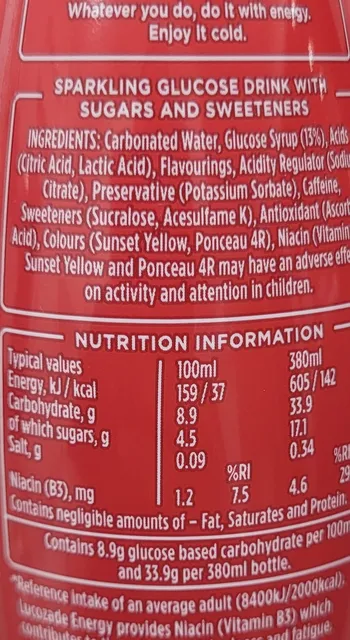 Lucozade Energy Original 380 ml, nutrition of pack