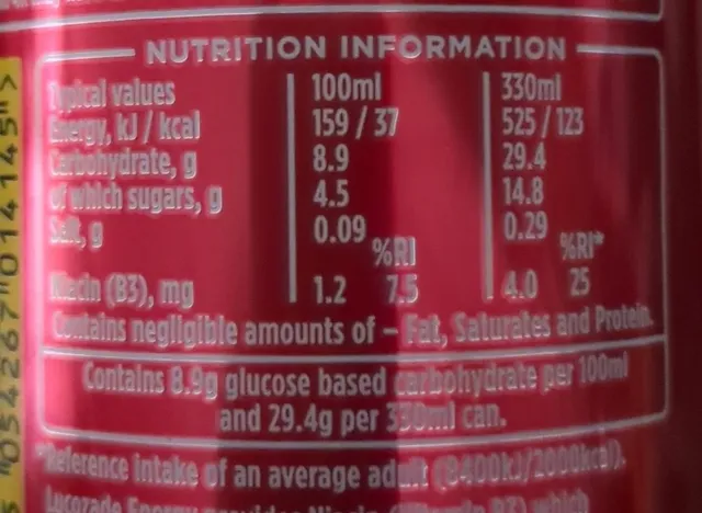 Lucozade Energy Original 330 ml, nutrition of pack