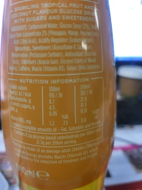Lucozade Energy Caribbean Crush 500 ml, nutrition of pack