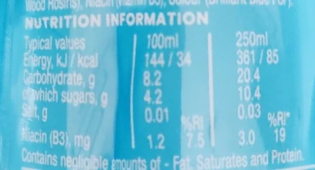 Lucozade Energy Blue Burst 900 ml, nutrition of pack