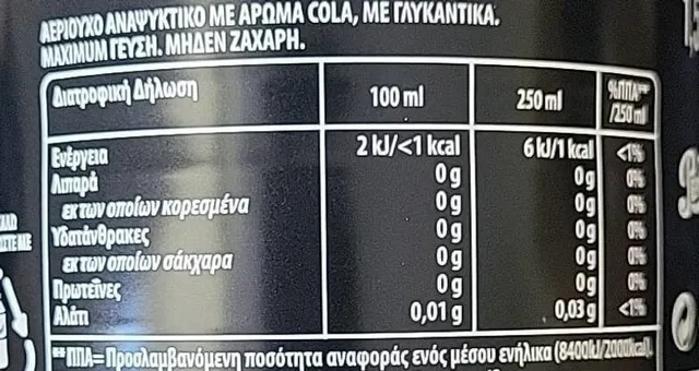 Pepsi Max 1,5 l, nutrition of pack