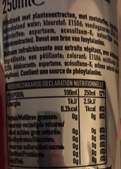 Coca-Cola Light Taste Caffeine Free 250 ml, ingredients of pack