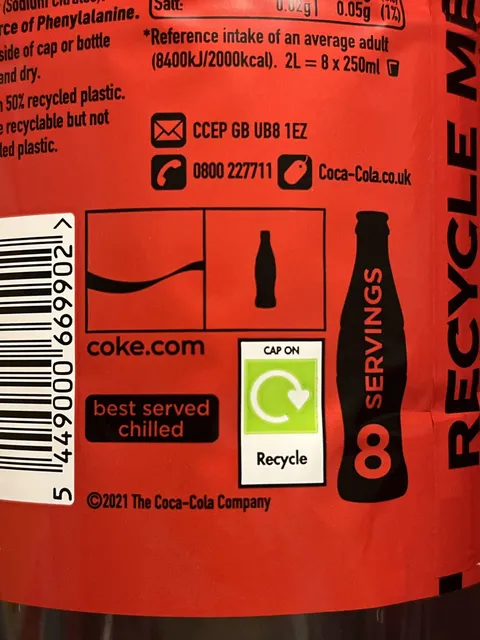 Coca-Cola Zero Sugar 2 l, back of pack