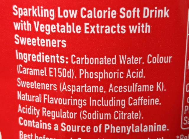 Coca-Cola Zero Sugar 2 l, ingredients of pack