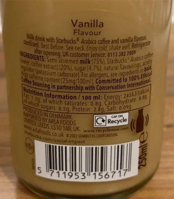 Starbucks Frappuccino Classic Vanilla Coffee Drink 250 ml, nutrition of pack