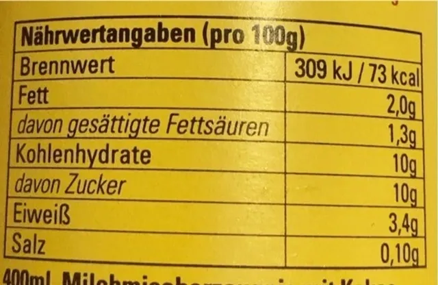 Cocio Classic Chocolate Milk 400 ml, nutrition of pack