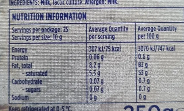 Lurpak Butter Unsalted 250 g, nutrition of pack