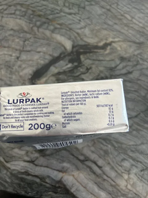 Lurpak Unsalted Butter 200 g, ingredients of pack