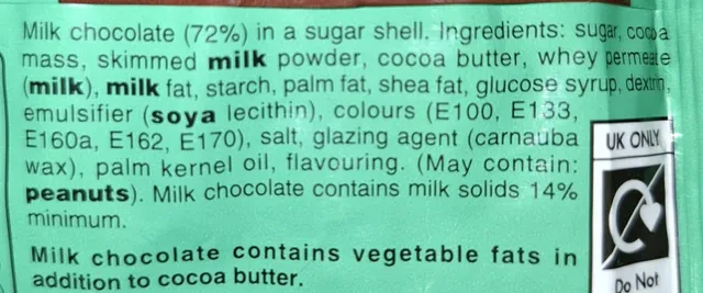 M&M's Minis Chocolate 70 g, ingredients of pack