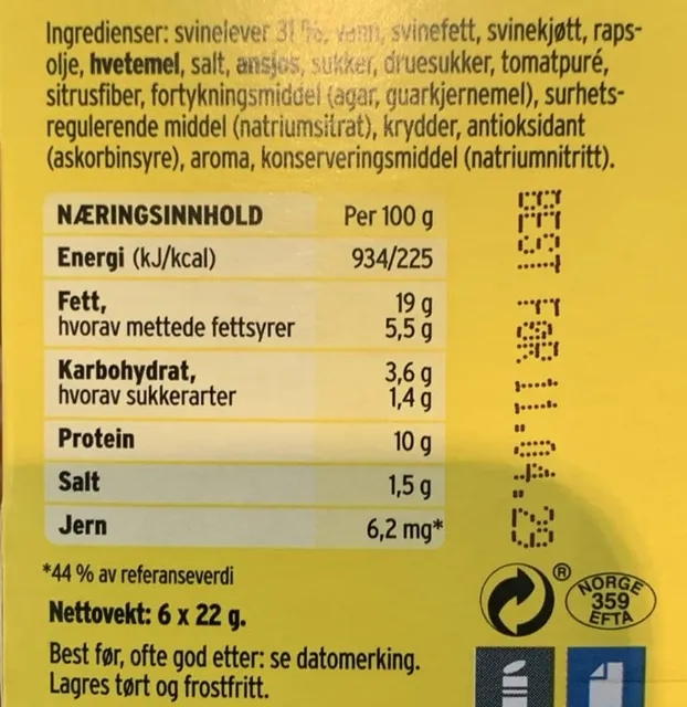 Stabburet Leverpostei Porsjon 6 x 22 g, nutrition of pack