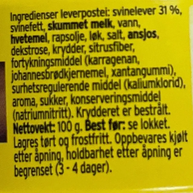 Stabburet Leverpostei Grovere 100 g, ingredients of pack
