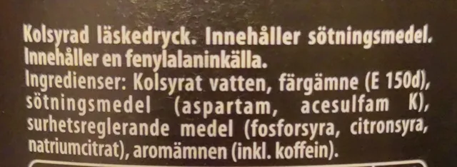 Pepsi Max 1,5 l, ingredients of pack