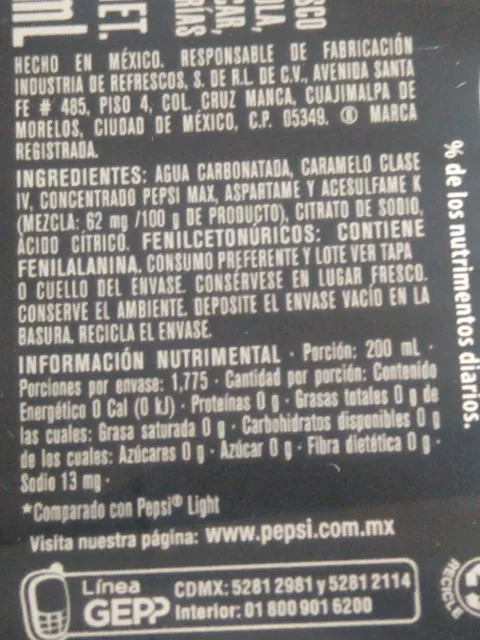 Pepsi Black 355 ml, nutrition of pack