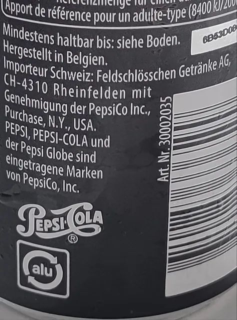Pepsi Zero Sugar 330 ml, back of pack