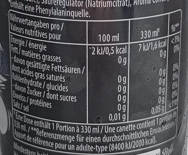 Pepsi Zero Sugar 330 ml, nutrition of pack