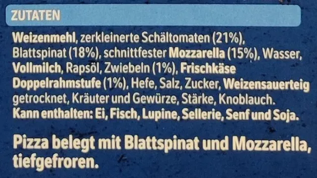 Original Wagner Steinofen Pizza Spinat 360 g, ingredients of pack
