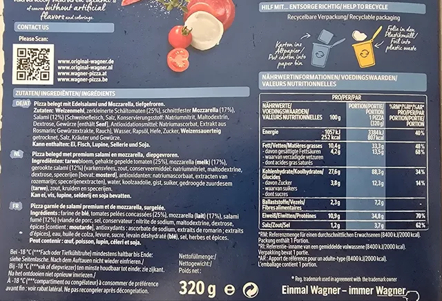 Original Wagner Steinofen Pizza Salami 320 g, back of pack