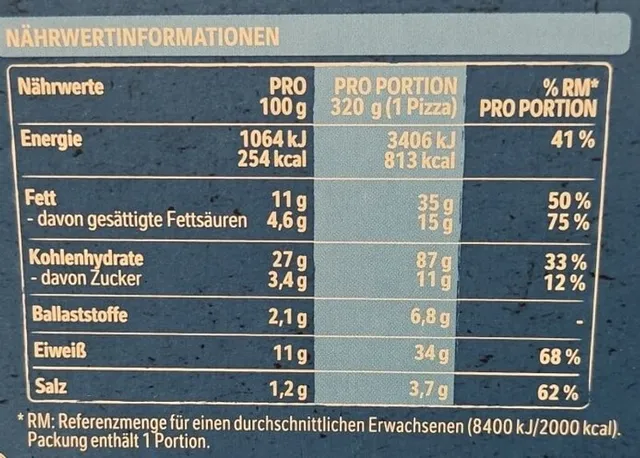 Original Wagner Steinofen Pizza Salami 320 g, nutrition of pack