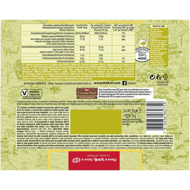 KitKat Green Tea Matcha 3 × 41.5 g, back of pack
