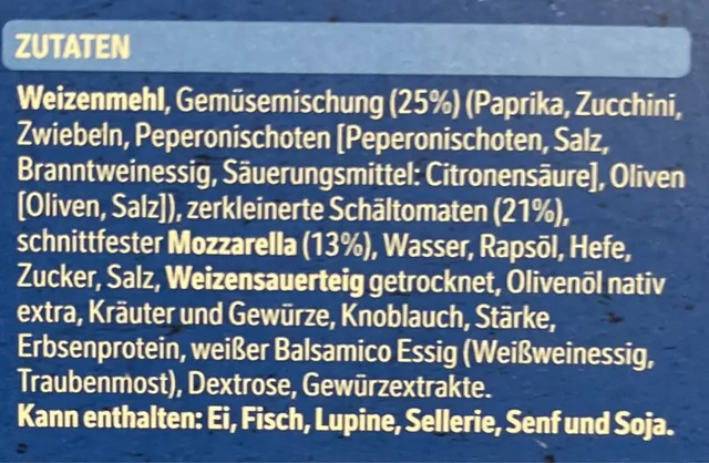 Original Wagner Steinofen Pizza Vegetaria 380 g, ingredients of pack