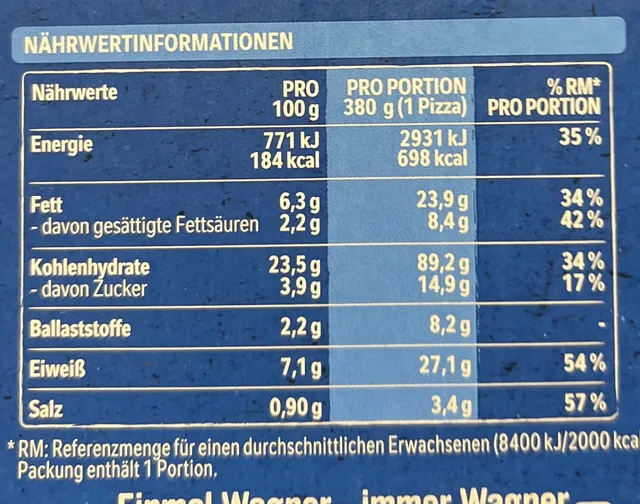 Original Wagner Steinofen Pizza Vegetaria 380 g, nutrition of pack