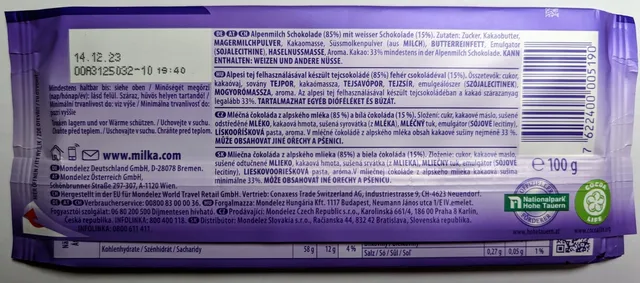 Milka Happy Cow 100 g, back of pack