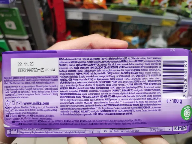 Milka Happy Cow 100 g, ingredients of pack
