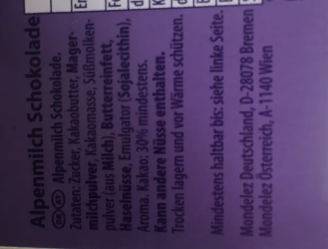 Milka I love Milka Hauchzarte Herzen Alpenmilch 130 g, back of pack