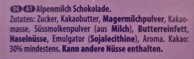 Milka I love Milka Hauchzarte Herzen Alpenmilch 130 g, ingredients of pack