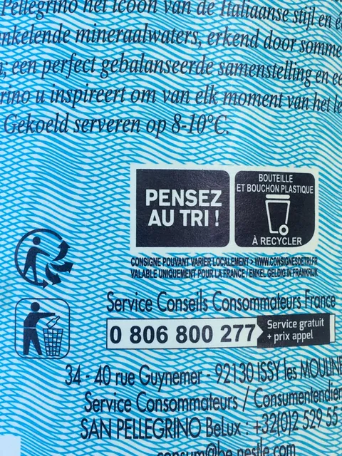 S.Pellegrino Sparkling Natural Mineral Water 1 L PET bottle, back of pack