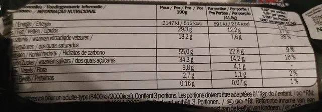 Vegan KitKat 3 × 41.5 g, nutrition of pack